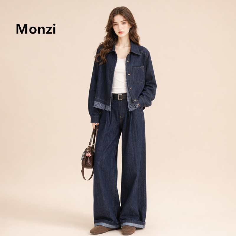 Monzi Retro Plaid Patchwork Denim Suit for Women, Autumn Loose Jacket and Wide-Leg Pants, Relaxed and Age-Reducing Two-Piece Set Monzi Retro Plaid Patchwork Denim Suit for Women, Autumn Loose Jacket and Wide-Leg Pants, Relaxed and Age-Reducing Two-Piece Set