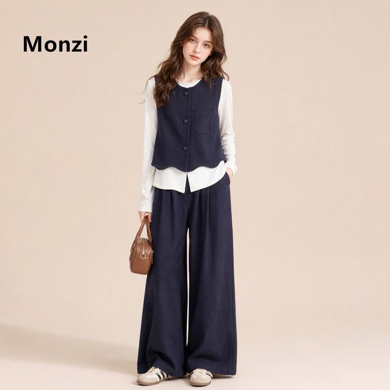 Monzi Casual Style Vest T-Shirt Wide-Leg Pants Three-Piece Set for Women, Autumn Wave Hem Design, Stylish and Elegant Outfit Monzi Casual Style Vest T-Shirt Wide-Leg Pants Three-Piece Set for Women, Autumn Wave Hem Design, Stylish and Elegant Outfit