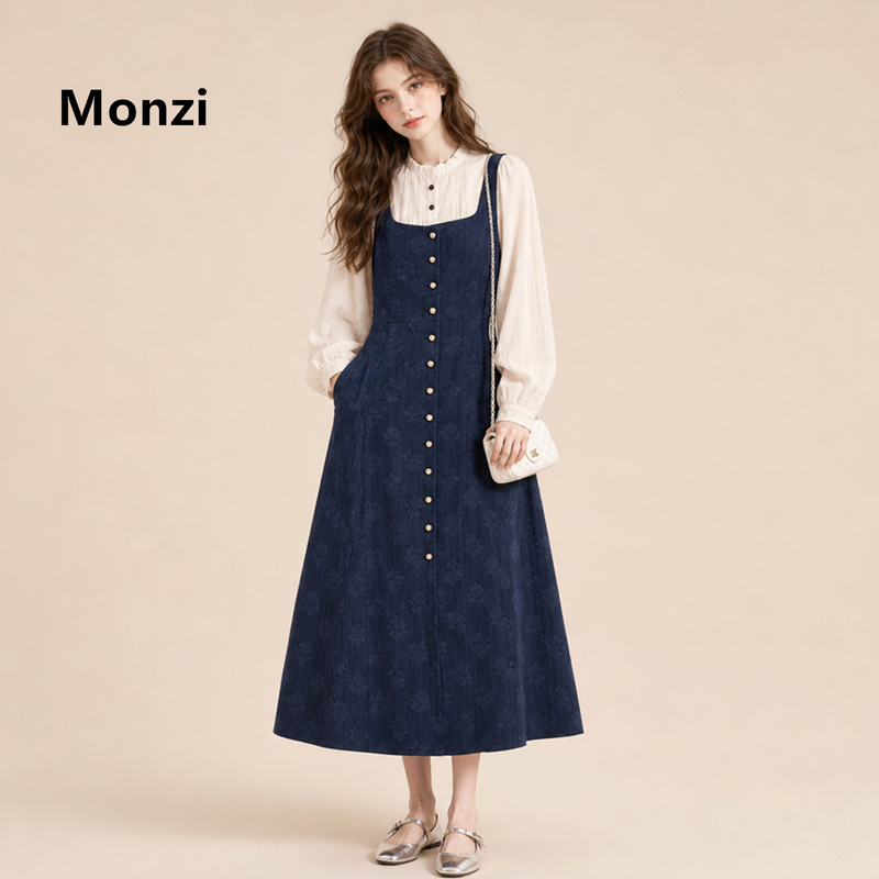Monzi French Retro Denim Suspender Dress Set for Women, Early Spring and Autumn New Style, Elegant and Slimming Two-Piece Set Monzi French Retro Denim Suspender Dress Set for Women, Early Spring and Autumn New Style, Elegant and Slimming Two-Piece Set