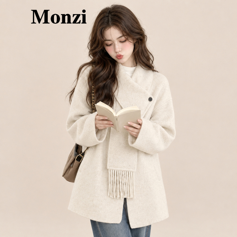 Monzi Apricot-Colored Korean-Style Gentle Scarf Wool Double-Sided Woolen Coat for Women, New Winter Model, Elegant Woolen Overcoat