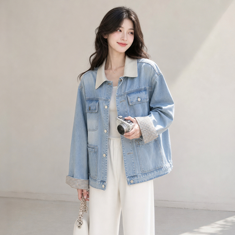 Monzi Light Blue Lapel Denim Short Jacket for Women, New Autumn Style, Loose Casual Style, Petite Jacket Top Monzi Light Blue Lapel Denim Short Jacket for Women, New Autumn Style, Loose Casual Style, Petite Jacket Top
