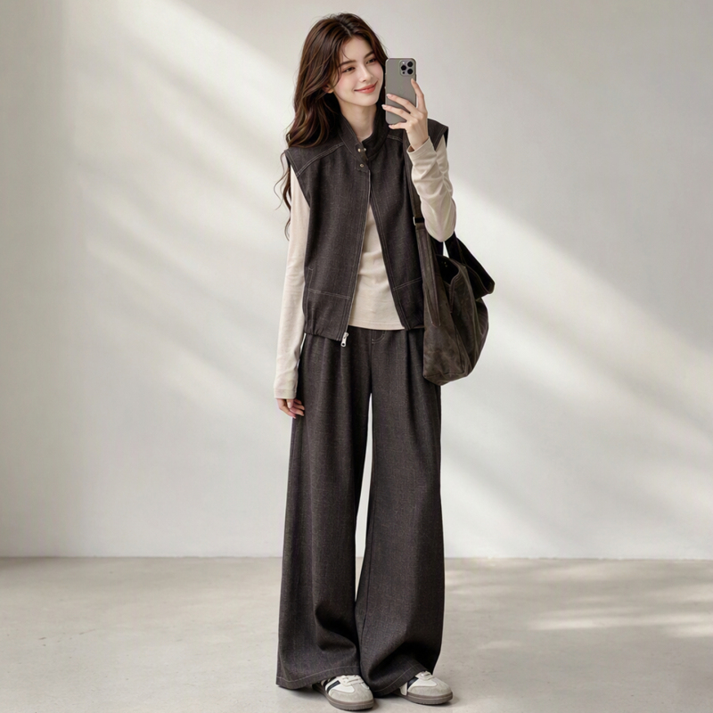 Monzi Korean Style Casual Suit for Women, Autumn Vest, T-Shirt, Wide-Leg Pants, Relaxed and High-End Three-Piece Outfit Monzi Korean Style Casual Suit for Women, Autumn Vest, T-Shirt, Wide-Leg Pants, Relaxed and High-End Three-Piece Outfit