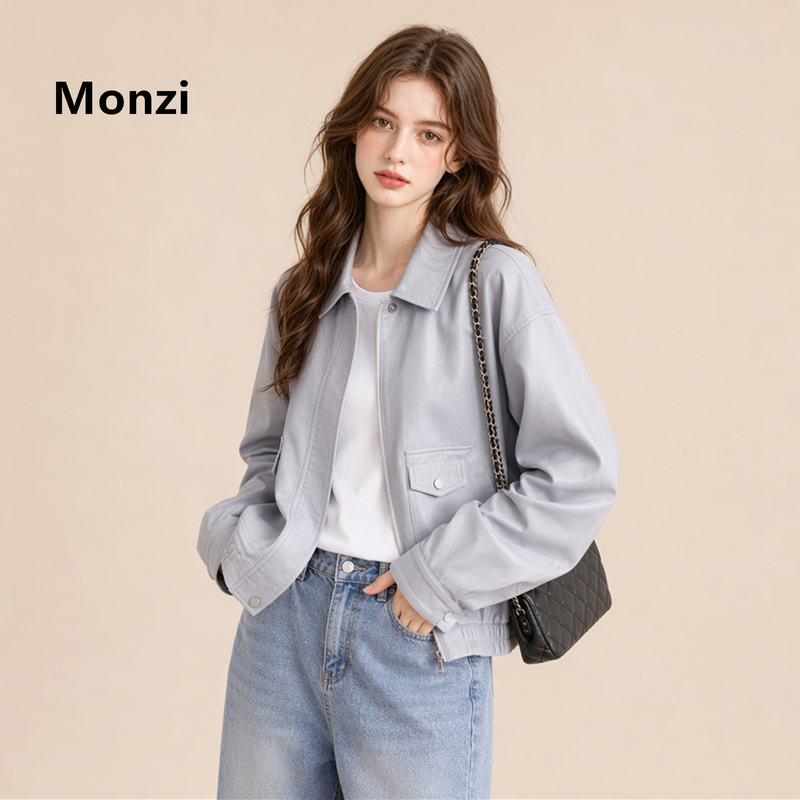 Monzi Light Blue Casual Style Lapel Pu Leather Jacket for Women, New Autumn Short Loose Slimming Glossy Jacket Monzi Light Blue Casual Style Lapel Pu Leather Jacket for Women, New Autumn Short Loose Slimming Glossy Jacket
