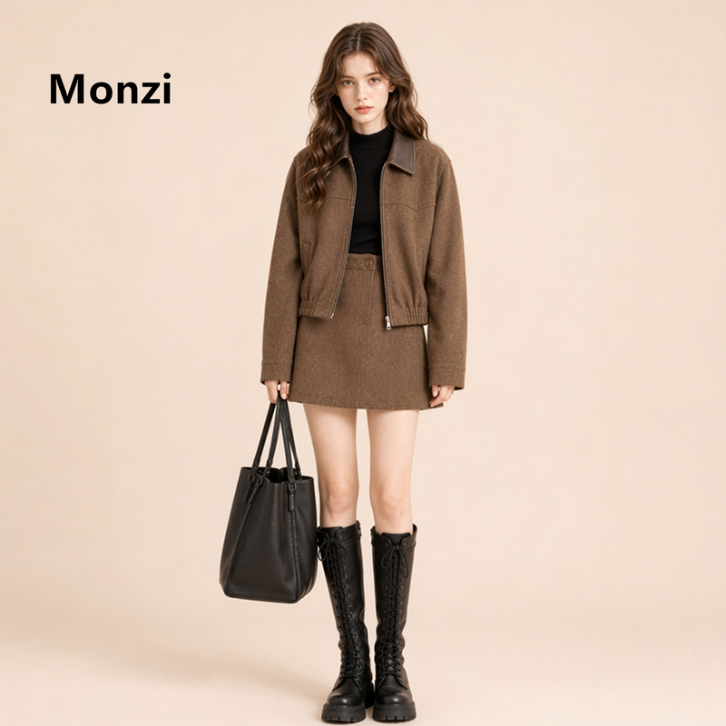 Monzi Dark Coffee-Colored Melard-Style Jacket and Short Skirt Two-Piece Set for Women, Early Autumn New Style, High-End and Age-Reducing Suit Monzi Dark Coffee-Colored Melard-Style Jacket and Short Skirt Two-Piece Set for Women, Early Autumn New Style, High-End and Age-Reducing Suit