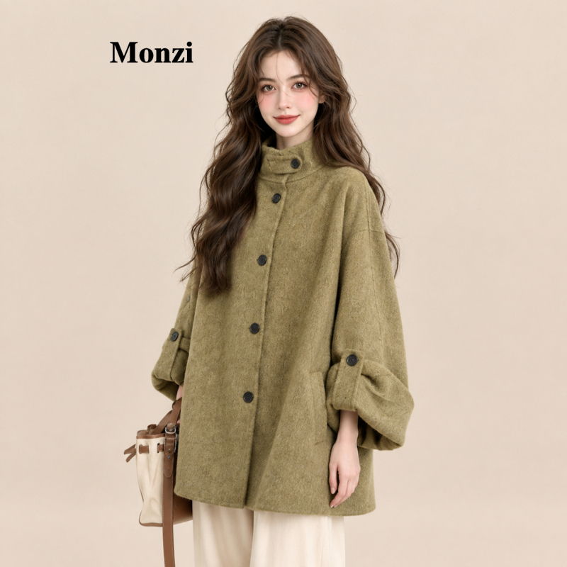 Monzi Green Lazy Style Stand Collar Wool Double-Sided Coat for Women, New Autumn and Winter Petite Elegant Woolen Coat