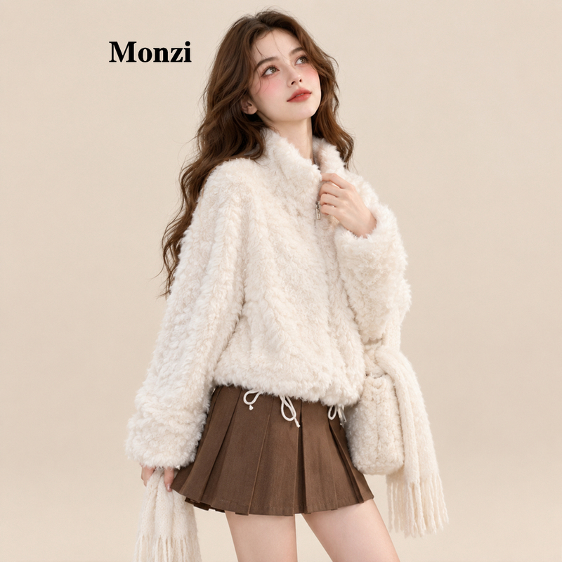 Monzi White Faux Fur Stand Collar Lamb Wool Coat for Women, Winter Thickened Fur Integrated Age-Reducing Top for Petite Figures