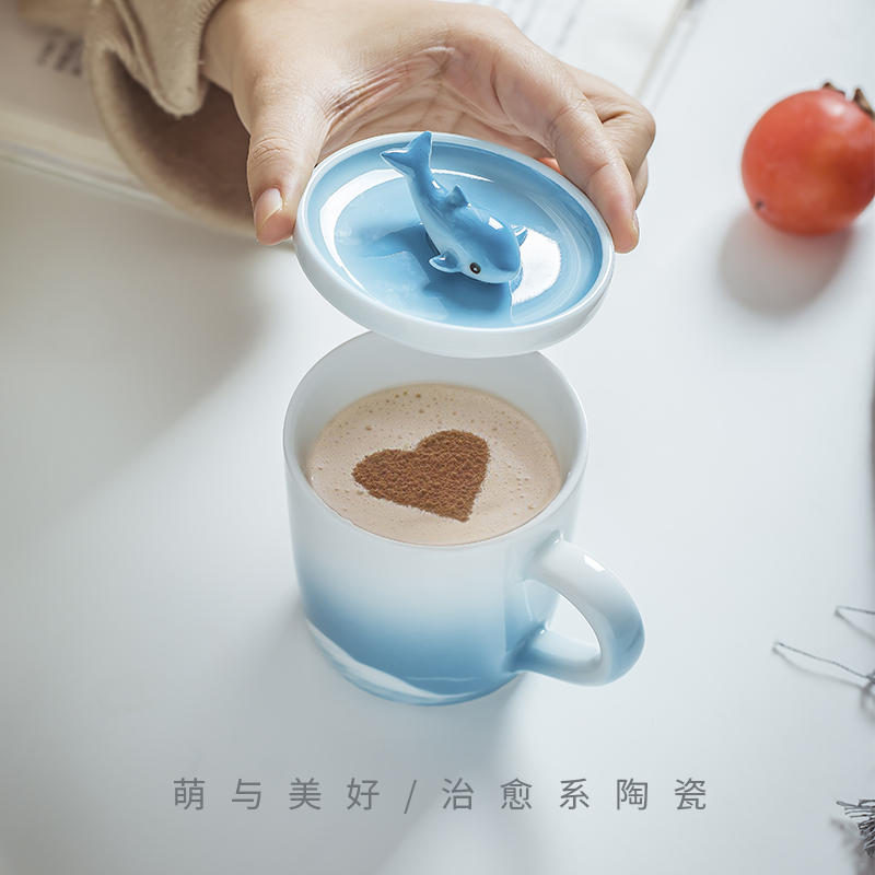 Cloud art of jingdezhen dolphins hand - made mugs creative ceramic cup contracted coffee cup with cover