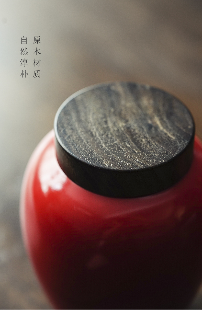 Cloud art of jingdezhen coral red ceramic tea pot lid seal pot wooden storage tanks to wake receives small tea warehouse