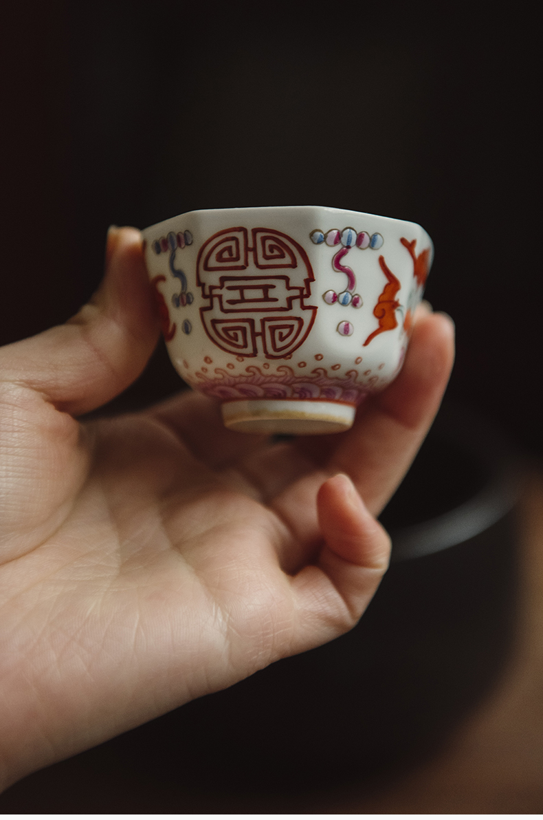 Cloud art of jingdezhen porcelain hand - made famille rose porcelain cup anise kung fu cup eight side small kung fu tea cups