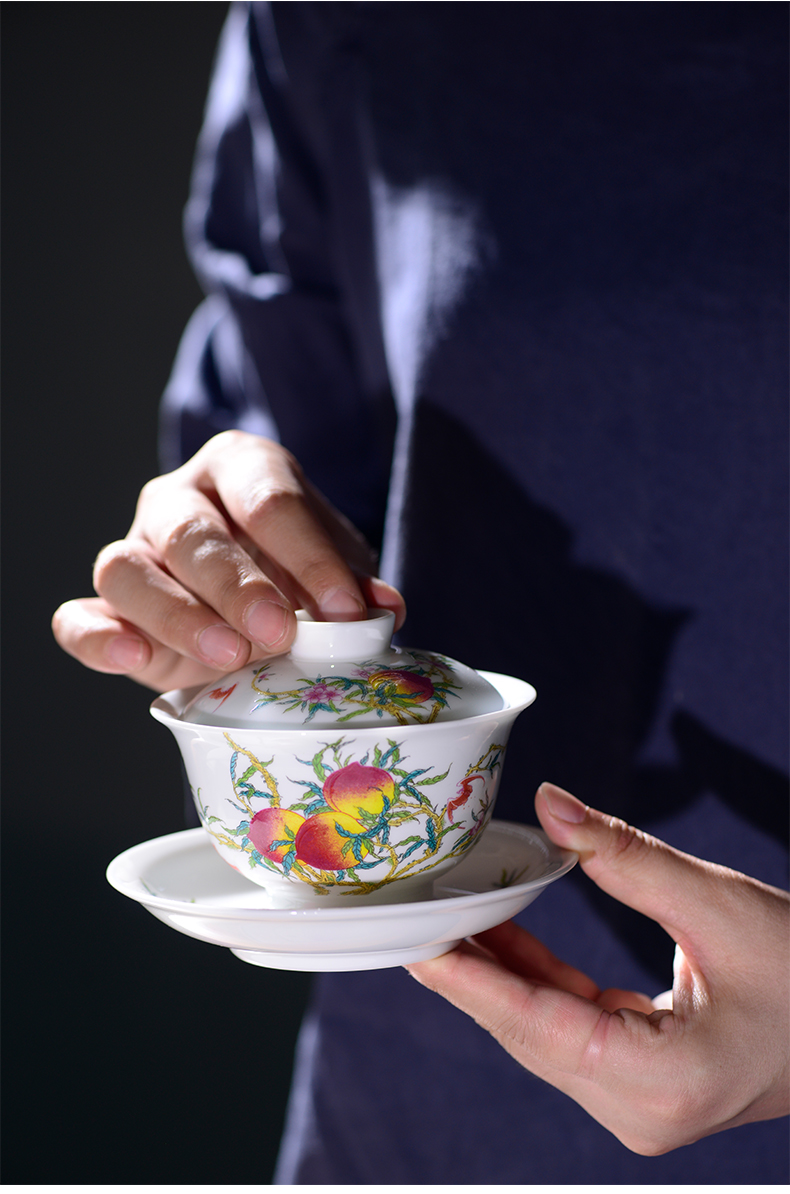 Cloud peach is only three tureen teacup full manual operation of jingdezhen ceramic tea bowl of kung fu tea set