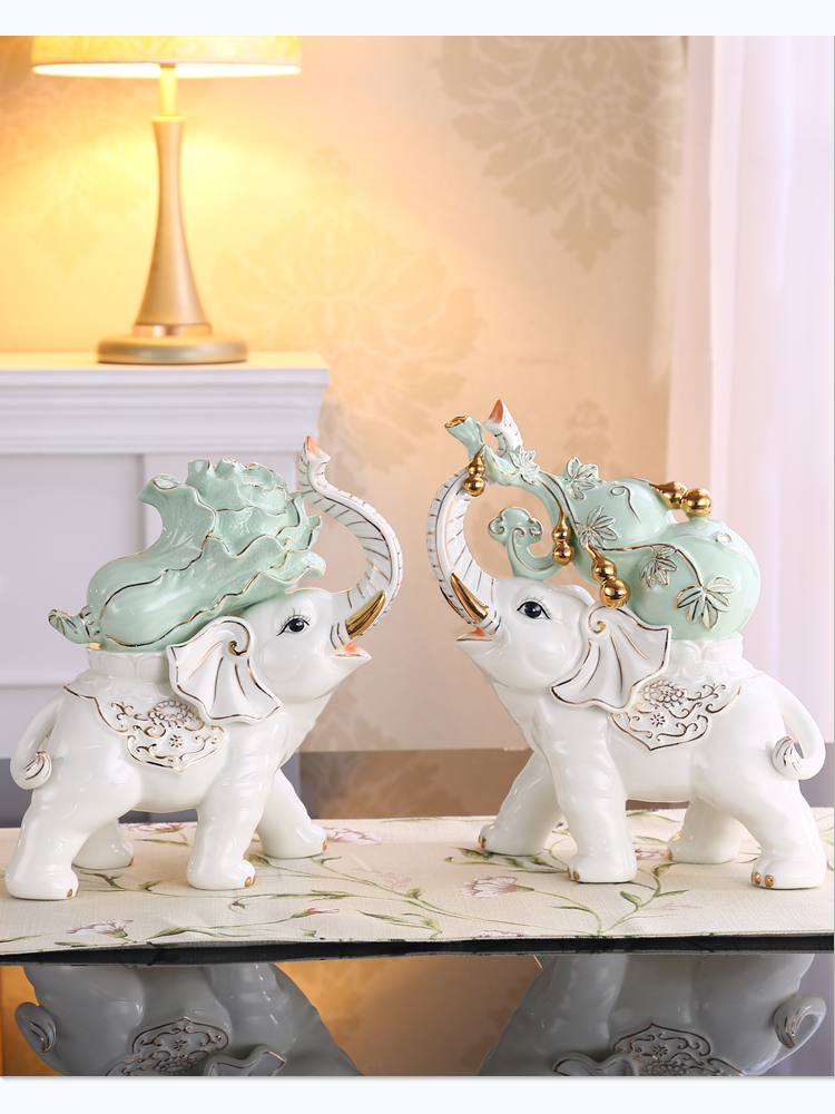 Ceramic lucky cabbage gourd Elephant pair wine cabinet decoration Home living room craft gift decoration Town house large decoration