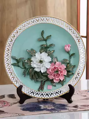 Chinese national style ceramic peony hanging plate decoration creative art large plate living room home craft decoration gift