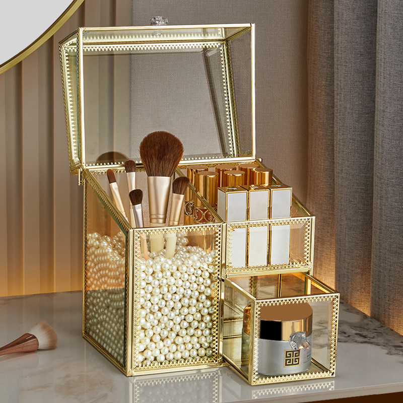 Makeup brush storage bucket light luxury glass desktop dust belt lid lipstick box eyebrow pencil holder brush dressing table rack