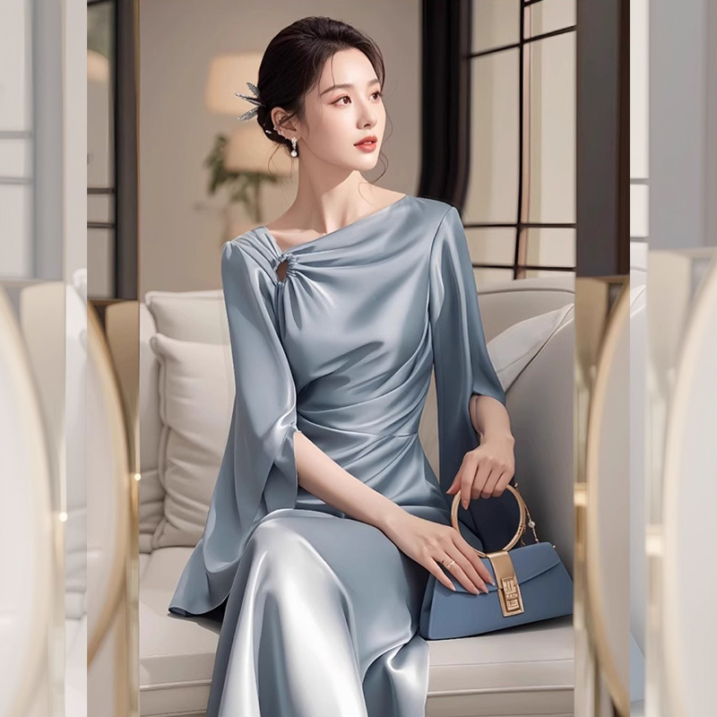 Spring Fishing-Style Date Dress, French Style, Light Luxury, High-End, Dignified and Elegant, Formal Occasion Blue Dress for Women