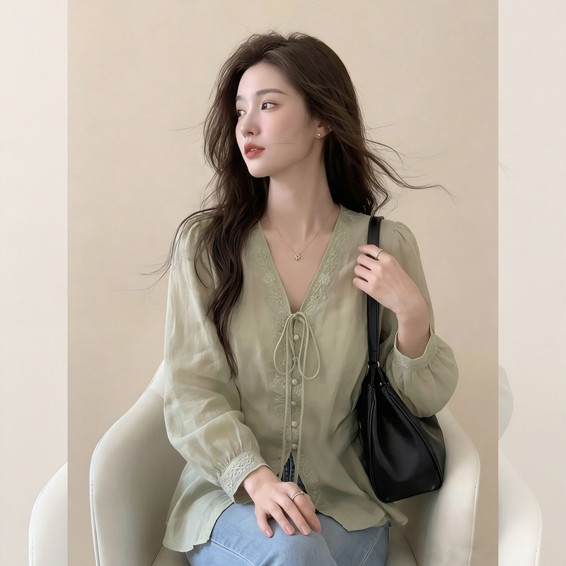 French-Style Green Lace-Up Shirt for Women, 2026 Summer New Model, Light Luxury, High-End Feel, Elegant Sun-Protective Top