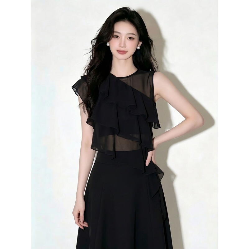 French-Style Unique Ruffled Black Chiffon Sleeveless Shirt for Women, New Summer Product, Elegant and High-End, Slimming Top French-Style Unique Ruffled Black Chiffon Sleeveless Shirt for Women, New Summer Product, Elegant and High-End, Slimming Top