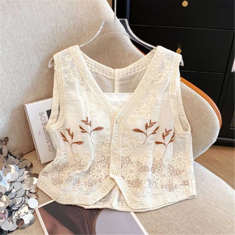 Guangzhou Thirteen Rows Popular Women's Clothing, Stylish Embroidered Floral Linen Vest Shirt Cardigan, Summer Short Outerwear Guangzhou Thirteen Rows Popular Women's Clothing, Stylish Embroidered Floral Linen Vest Shirt Cardigan, Summer Short Outerwear