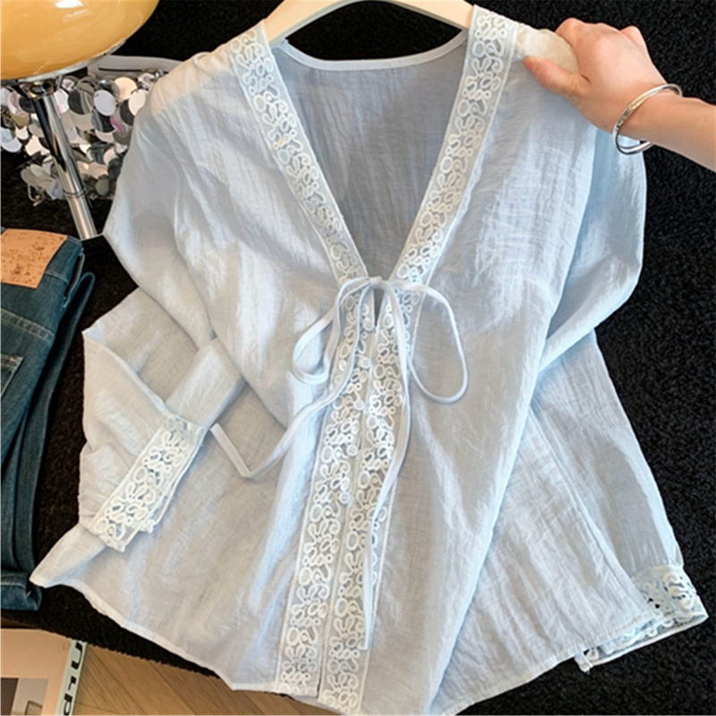 Shenzhen Nanyou High-End Women's Lace Trim V-Neck Sun Protection Clothing Summer Korean Style Long-Sleeved Air-Conditioning Shirt Jacket