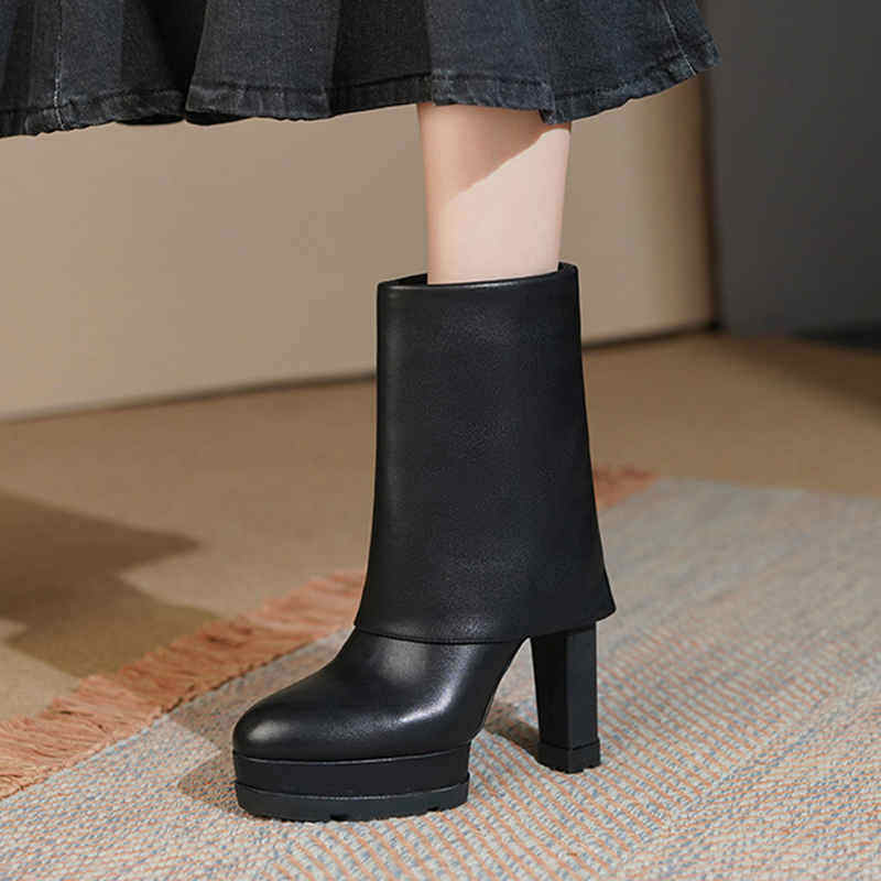 12cm high-heeled short boots women's thick-heeled straight tube autumn and winter new leather plus velvet waterproof platform small pants boots