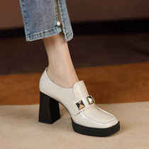 (little Tingmei) matching tooling single shoes female thick bottom 2022 new genuine leather coarse heel square head waterproof bench high heel shoes