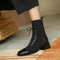 Retro Play Style Socks Boots Coarse Heel Short Boots Woman Heel 2021 New Small Side Heel 100 Hitch Slim Lace Genuine Leather Single Boot