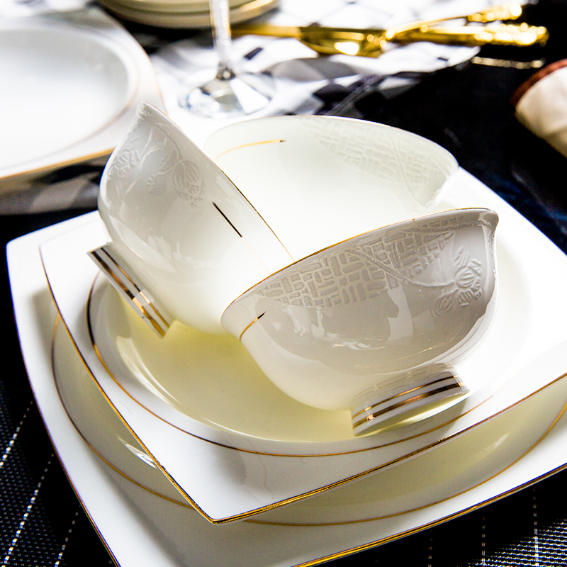 Jing Heng High-end bone china dishes set Home Chinese gold edge tableware set luxury bowls and plates glazed relief