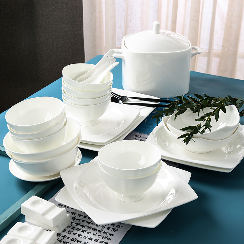 Jing Hengbone Porcelain Tableware Bowl dish suit Home Bowl Plate Combination Brief light extravagant High temperature pure white glaze Lower color