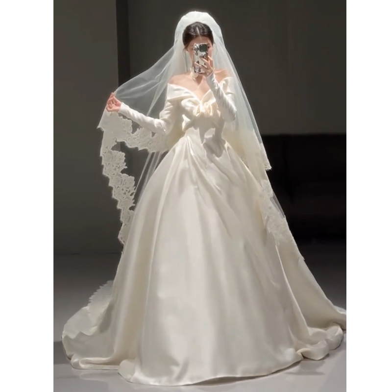 White Satin Long-Sleeve Wedding Dress for Brides 2026 New High-End Texture Petite Train Main Dress Reception Exit Dress White Satin Long-Sleeve Wedding Dress for Brides 2026 New High-End Texture Petite Train Main Dress Reception Exit Dress