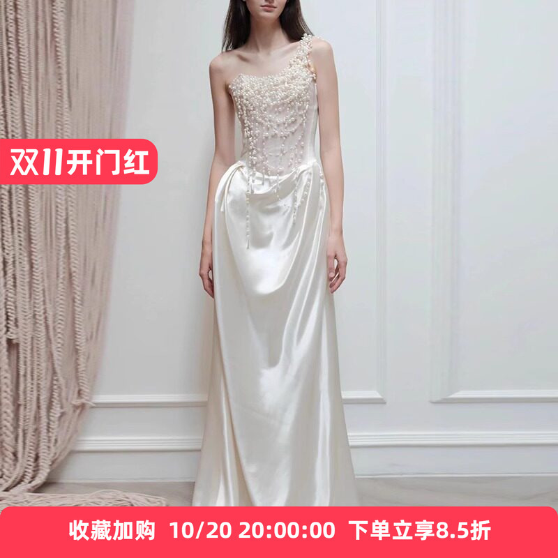 French-Style Light Wedding Dress, Satin Bridal Gown for Welcoming Guests, High-End Light Luxury White Pearl Engagement and Registration Evening Dress