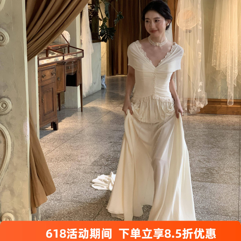 French Lace Vintage Light Wedding Dress Bride Wedding Robe Women's High-End Niche Reception Dress Engagement Dress