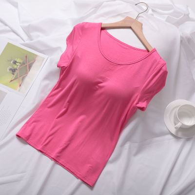 Short-sleeved T-shirt with chest cushion, no bra, cup, one-piece top, yoga shorts, seven-inch pajama pants, home
