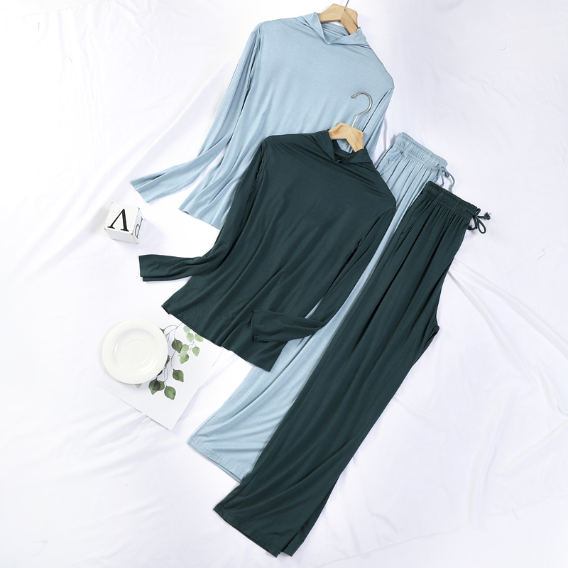 Modale women's half-high collar home dress in spring summer pyjamas long sleeves long pants 100 lap pure color minimalist thin two-piece suit