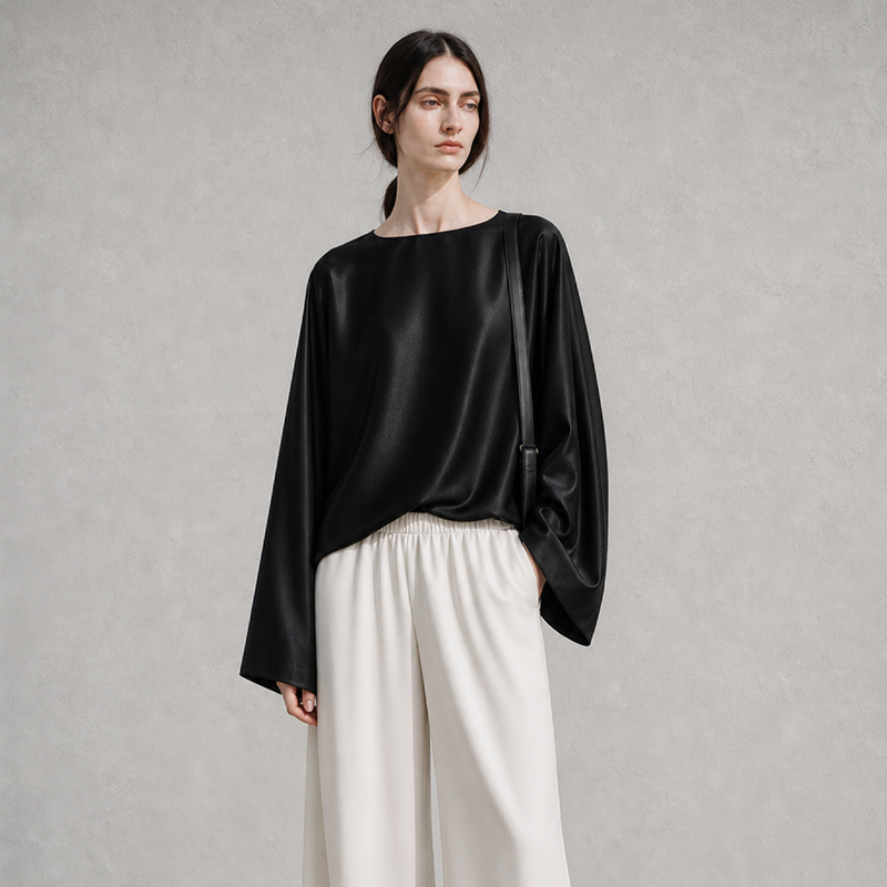 Designer Style Heavyweight 22mm Loose-Fitting Women's T-Shirt, 100% Mulberry Silk Satin, Black Long-Sleeve Oversized T-Shirt, Row Style