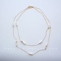 VIA niche designer ins Wind natural freshwater pearl double stack wearing 14K gold net red collarbone necklace female