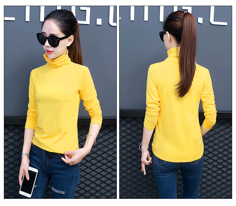 Cộng với chất liệu nhung lụa co giãn cao mỏng phiên bản Hàn Quốc của cổ cao mỏng, màu rắn ấm áp mùa thu và mùa đông cơ sở áo thun cổ tròn tay dài áo phông nữ rộng