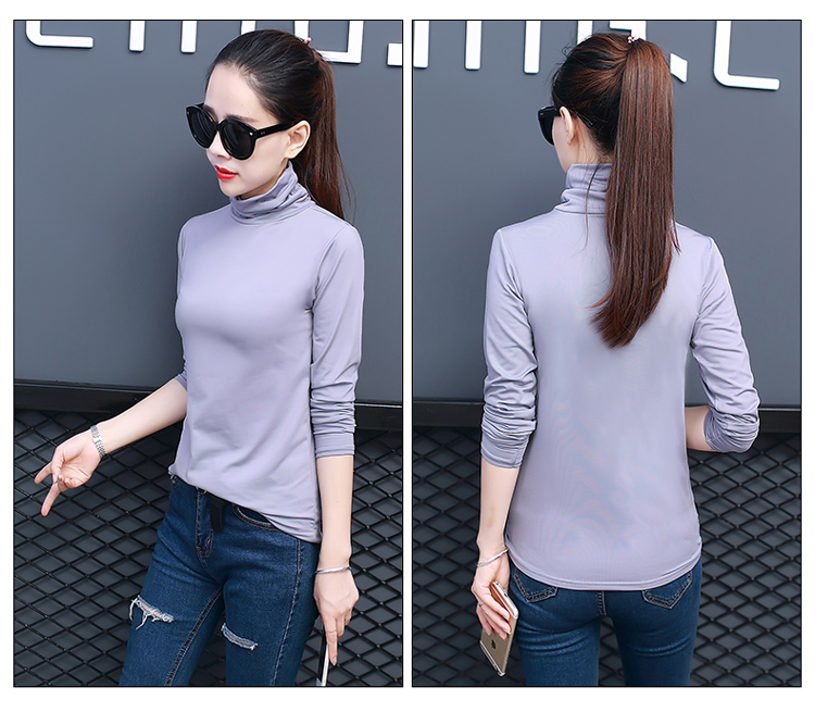 Cộng với chất liệu nhung lụa co giãn cao mỏng phiên bản Hàn Quốc của cổ cao mỏng, màu rắn ấm áp mùa thu và mùa đông cơ sở áo thun cổ tròn tay dài áo phông nữ rộng