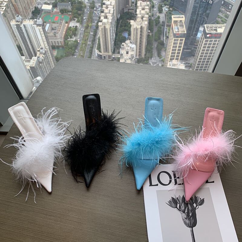 French-Style Niche Slippers 2025 New Model Women's Thin Heel Mid-Heel Feather Fairy Outdoor High-Heeled Furry Sandals for Women Summer
