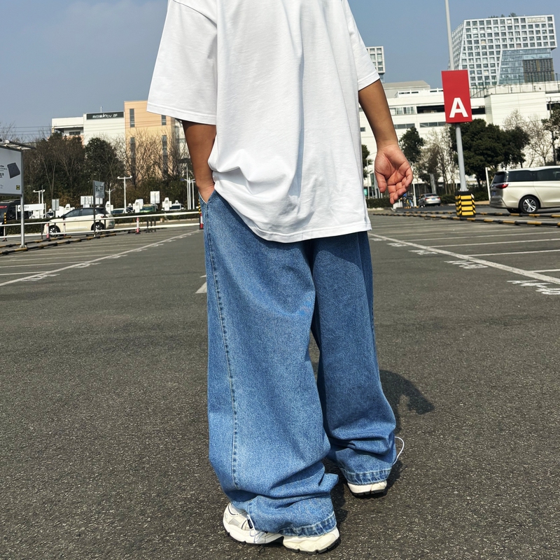 Elastic American Retro Dark Blue Denim Pants for Men, Adults and Children, Street Dance Jeans, Performance Clothing, Hip-Hop Performance