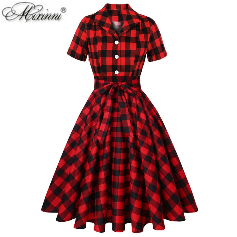 Hepburn-Style 80S Hong Kong Retro Vintage Large-Size Women's Plaid Waist-Cinching Flared Mid-Length Party Dress