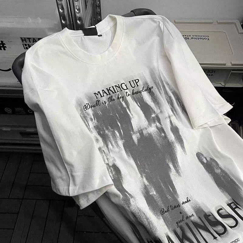 Heavyweight Pure Cotton Summer Short-Sleeve T-Shirt for Men, Ins-Style American Trendy Brand, Hip-Hop High Street Character Print, Half-Sleeve Tee