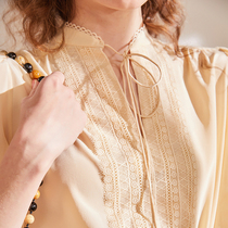 Aozhi beige yellow 16 mmi silk shirt womens new 2021 spring and summer French gentle lace top