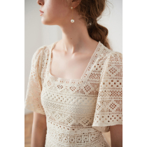 Aozhi French square collar lace dress female 2021 new summer ladies temperament fishtail skirt long skirt SD