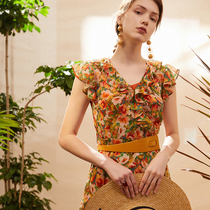 Aozhi feminine charm ~ ruffled floral dress female Summer chiffon travel skirt Q