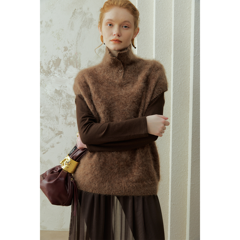 Aozhiguo Little Fur Autumn and Winter Layered Merino Wool Brushed Knit Vest Women's Sweater Nb