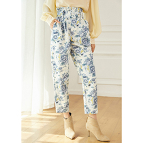 Summer 1 (ancient re-engraved · Limited) blue and white printed high waist thin tapered pants children spring and summer paper pants