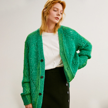 Ozhi country crayon graffiti design sense green wool sweater cardigan jacket womens autumn and winter French knitwear