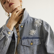 Ozhi country pearl lace decorative denim coat women Spring and Autumn water wash blue loose mix and match jacket top