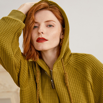 Ozhi country waffle sports suit women Autumn and Winter 3 color hooded sweater high waist jacket tapered trousers casual