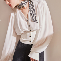 Aozhiguo CHAO strong sense of shape slim short blouse shirt womens spring white French lantern sleeve shirt