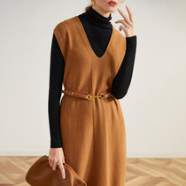 Ozhi country 21 autumn and winter New Casual V-neck wool vest dress 3 color sleeveless sweater dress French beauty